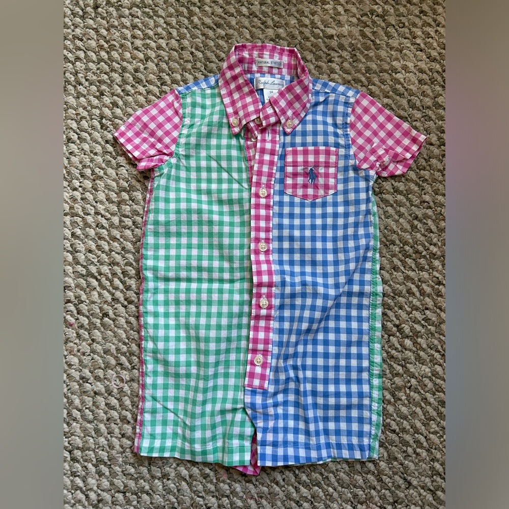 Ralph Lauren Kids Pink, Green, and Blue Checkered Shirt Onsie